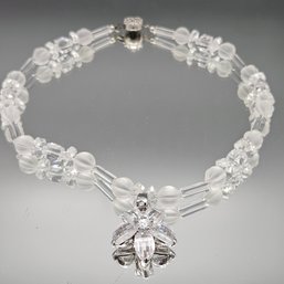 Clear Crystal & Frosted Glass Bead Necklace W/ Flower Pendant 16