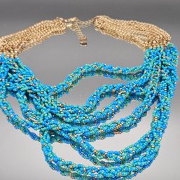 Talbots Statement Necklace Gold Chain W/ Blue Green Seed Beads