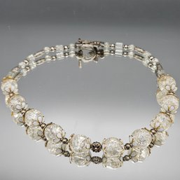 Vintage Clear Crackle Glass Bead Necklace Gold Tone Floral Caps 16'