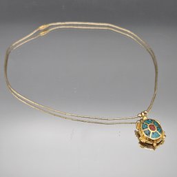 Vintage Gold Tone Turtle Pendant Necklace Turquoise & Red Inlay 16'