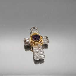 Artisan Hammered Silver  Tone & Gold Wire Wrapped Cross Pendant With Purple Gemstone
