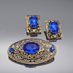 Vintage Filigree Cobalt Blue Stone Brooch & Clip-On Earring Set
