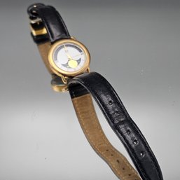 Vintage NJ French Moon Phase Wristwatch  Gold-Tone, Black Leather Strap
