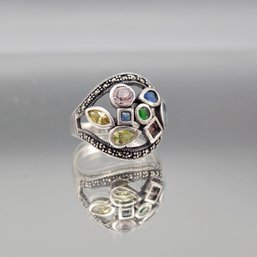 Sterling Silver 925 Multi-Gemstone Marcasite Ring - Size 8.5