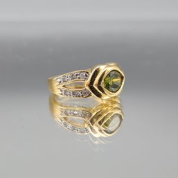 Gold-Tone Peridot & Faux Diamond Bypass Ring  Size 7