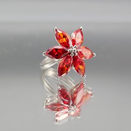 Silver-Tone Red Marquise Stone Flower Ring  Size 7