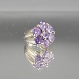 Silver Tone Purple Cluster Statement Ring - Size 6
