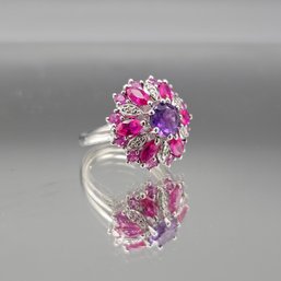 SUN 925 Sterling Silver Amethyst? & Ruby? Floral Cluster Ring - Size 7