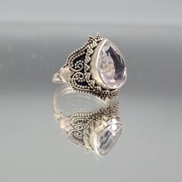 Vintage 925 Sterling Silver Pear-Cut Rose Quartz Bali Filigree Ring - 0.20 Ozt