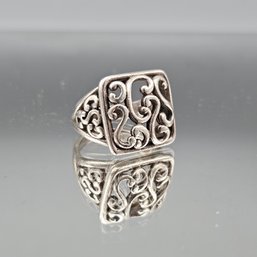 Silver Tone Filigree Square Statement Ring - Size 7.5