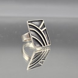 Modernist Silver Tone Geometric Statement Ring - Size 6.5