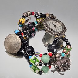 Marcasite & Lampwork Glass Beaded Watch Bracelet