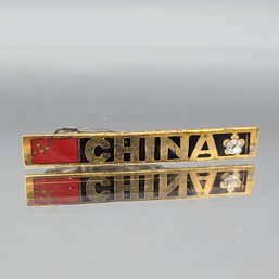 Gold Tone China Flag Tie Bar Clip Rhinestone Flower Accent