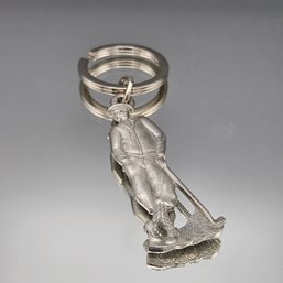 Pewter Farmer With Scythe Keychain Whimsical Folk Art Key Ring Fob