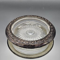 Sterling Silver Rimmed Glass Ashtray Floral Rose Repousse 4'