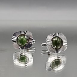 Silver Tone Green Cabochon Stone Cufflinks Men's