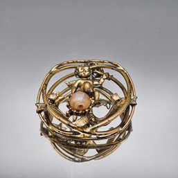 Cherub Cupid Faux Pearl Rhinestone Pendant Gold Tone