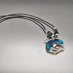 Silver Tone Dolphin Abalone Inlay  Cord Necklace