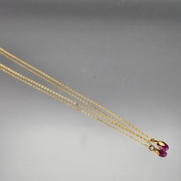 Gold Tone Cable Chain Necklace With Faceted Pink Teardrop Pendant