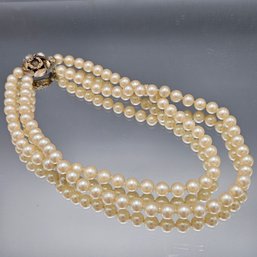 Japan Double Strand Faux Pearl Necklace W/ Ornate Floral Clasp