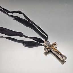 French Ebony & Silver Tone Pectoral Crucifix Ribbon Choker Necklace