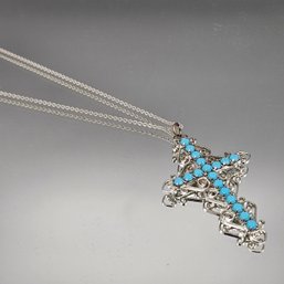 Silver Tone Filigree Turquoise Cross Pendant Necklace 11'