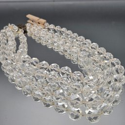Triple Strand Faceted Clear Bead Necklace Sterling Silver Filigree Clasp 16'
