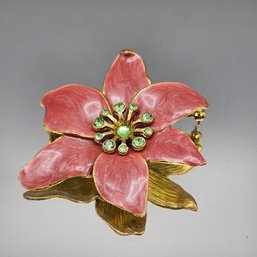 Pink Enamel & Green Rhinestone Floral Brooch Gold-Tone Pin