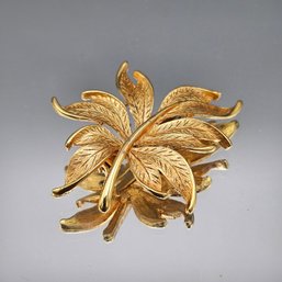 Textured Gold-Tone Feather Leaf Cluster Brooch Pin