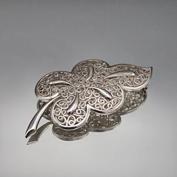 Silver-Tone Filigree Four-Leaf Clover Brooch