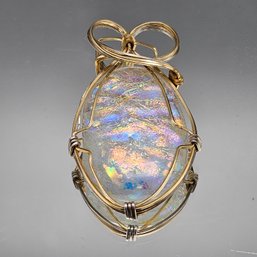 Large Wire-Wrapped Dichroic Glass Oval Pendant - Iridescent Rainbow