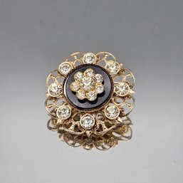 Gold Tone Filigree Brooch - Black Enamel & Clear Rhinestone Flower Pin