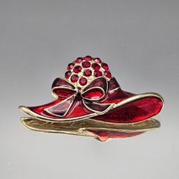 Red Enamel & Rhinestone Sun Hat Brooch