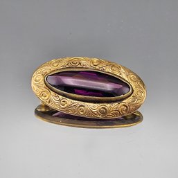 Victorian Gold-Tone Etched Oval Brooch - Purple Glass Cabochon