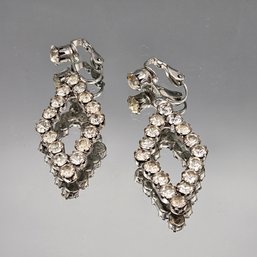 Silver-Tone Rhinestone Open Marquise Dangle Clip-On Earrings