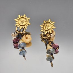 Celestial Sun Face Mixed Media Charm Dangle Earrings