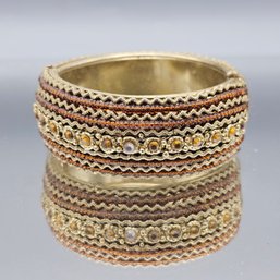Amber Toned Bead & Rhinestone Wide Hinged Bangle Bracelet