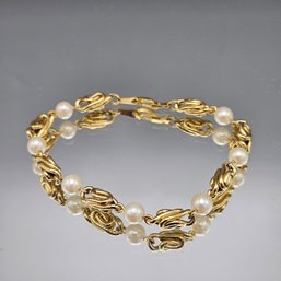 Gold Tone & Faux Pearl Link Bracelet 7