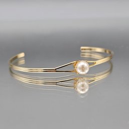Gold Tone Faux Pearl Open Cuff Bracelet Minimalist Bangle