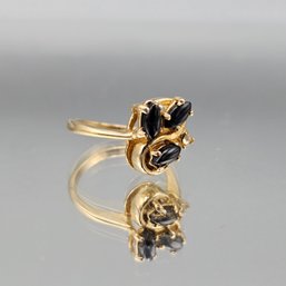 Gold Tone Ring W/ Black Marquise Rhinestones Floral Cluster Size 6.5