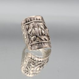 Silver Tone Wide Band Ring W/ Raised Floral & Geometric Design Size 7 Adjustable