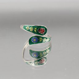 Sterling Silver Cloisonn Floral Wrap Ring Green Enamel Size 9