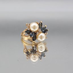 Roman Gold-Tone Faux Pearl & Navy Marquise Cluster Ring - Size 6