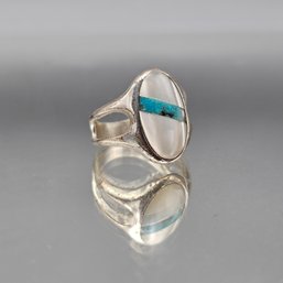 Mother Of Pearl & Turquoise Silver Tone Inlay Ring Size 6.25