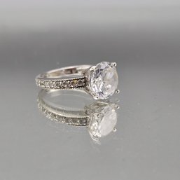 Thai Silver Tone Large Clear Stone Ring, Size 7.5