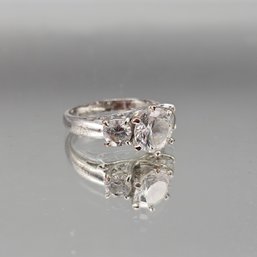 18K HGE Three Stone Clear Solitaire Ring, Silver Tone, Size 6.5