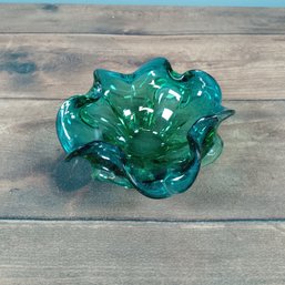 Vintage Murano Glass Bowl Barovier Toso Style Flower Console Dish Rolled Edge Blue 9'