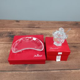 Baccarat Crystal Mustard Bowl With Spoon & Kidney Shaped Dish W/Box