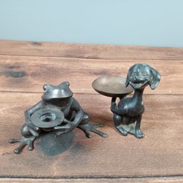 Pair Of Cast Iron Animals Dog Change Holder And Frog Candle Holder