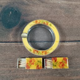 CELLULOID AND GLASS ASHTRAY WITH MATCH 2 STRIKE BOX